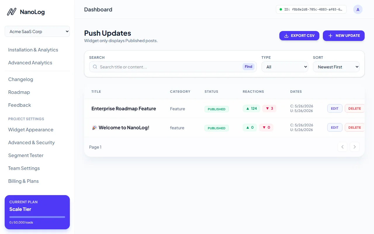 Dashboard Updates List & Vote Metrics