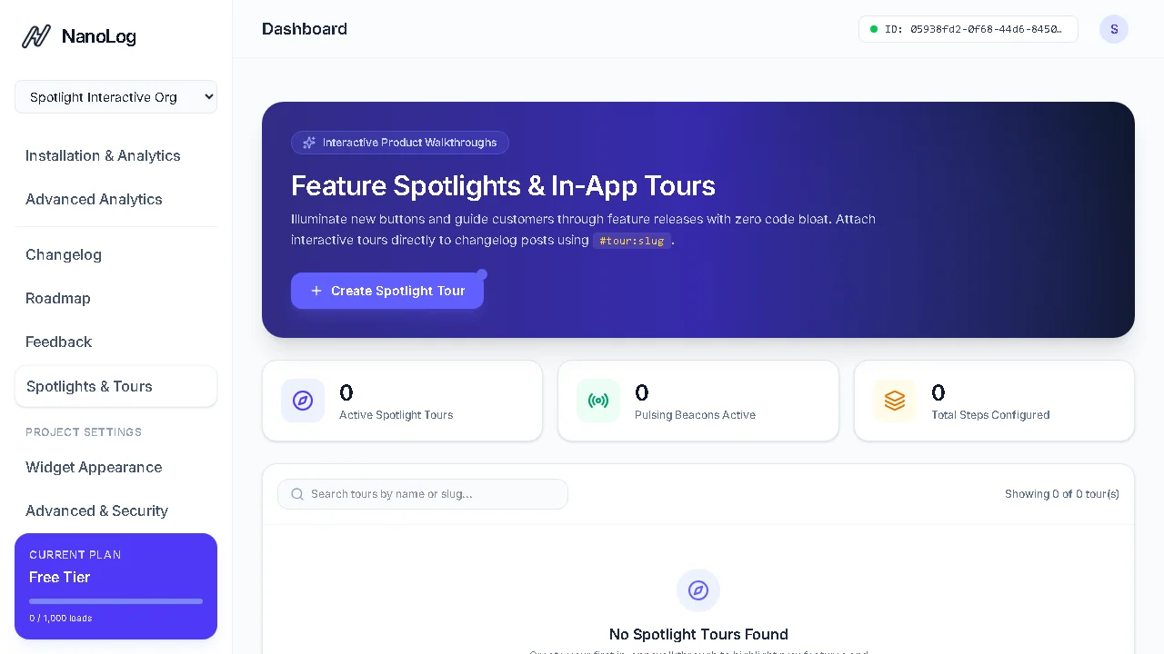 Spotlights & In-App Tours Dashboard