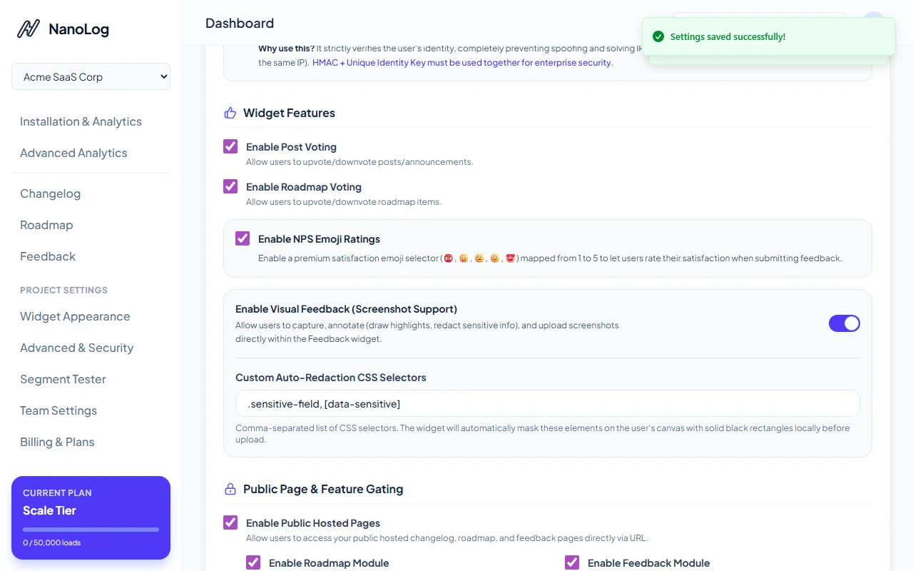 Enabling Visual Feedback in Dashboard settings