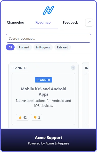 In-App Widget Roadmap Tab